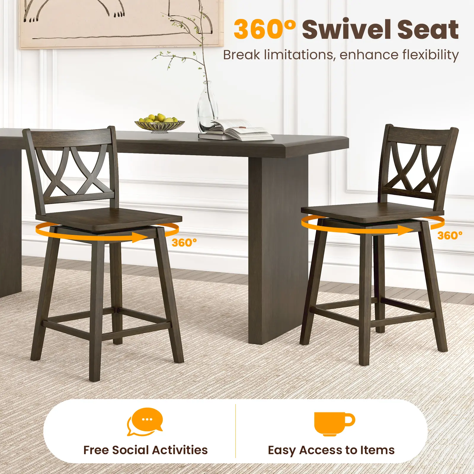 COSTWAY - 24/29 Inch Bar Stool Set of 2 Wooden Bar Chairs with Rubber Wood Frame-24 inches COSTWAY - 24/29 Inch Bar Stool Set of 2 Wooden Bar Chairs with Rubber Wood Frame-24 inches