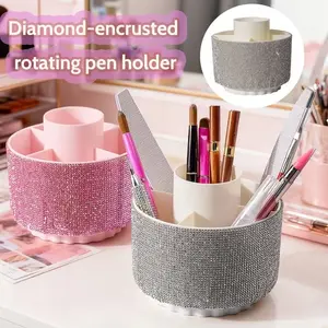 New Luxury Oval Tray Skincare Storage Box, Rhinestone Desktop Organizer, Diamond Makeup Brush Holder, Rotating Pen Case, Large Capacity Bucket