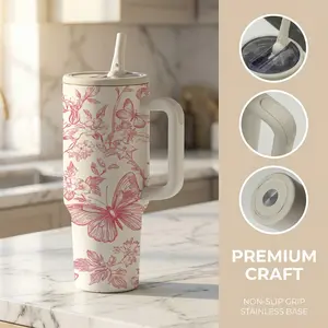 1pc 40oz Red Floral Butterfly Print Stainless Steel Tumbler with Handle & Straw Lid, Insulated Water Bottle for Women, Elegant Minimalist Aesthetic Travel Mug, Large Capacity Leakproof Cup, Non-Slip Base, Keeps Cold 24H Hot 12H, Gift for Mom Wife Girlfrie