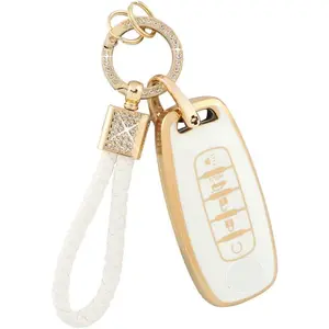 for Rogue Key Fob Cover 5 Buttons 2023 Pathfinder SL Platinum Car Key Case Shell Bling Keychain Lanyard Protector Protection Accessories Women Girly Cute White Gold TPU