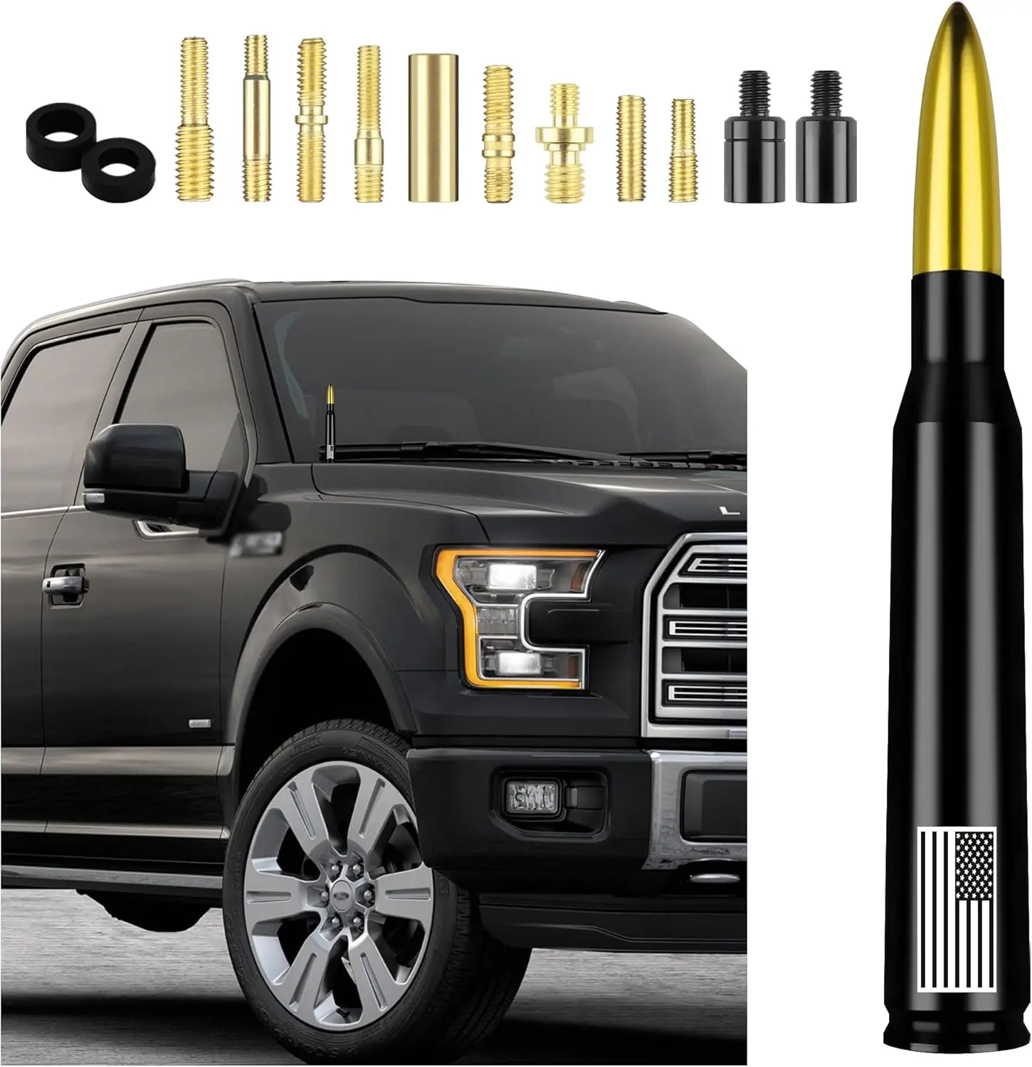 Gold American Flag Short Bullet Antenna - Universal Automotive Replacement Bullet Antennas, Anti-Theft Car Wash Safe Exterior Accessory, Essential Car Electronics Accessory with Manufacturer Warranty
