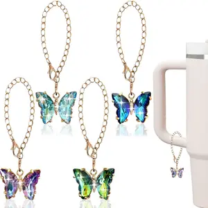 (8-piece set) 4 pieces of 3D shiny diamond straw cap, 4 pieces of water cup butterfly pendant/cup pendant accessory kit, butterfly water bot