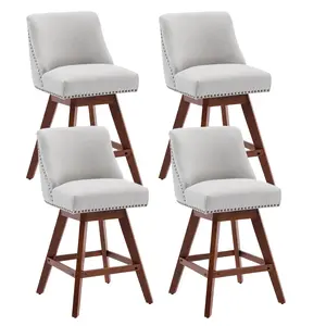 Modern Upholstered Bar Stools Set of 2/4/6,360° Swivel Bar Stools, Linen Fabric Island Chairs with Wood Legs & high Backrest and Nailhead Trim, for Kitchen Island, Counter Height Chair for Kitchen, Bar, Dining Room