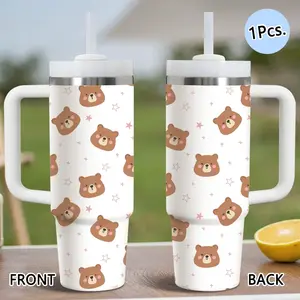 PIKPAKA Bear Pattern Vacuum Flasks 40oz Stainless Steel Insulated Tumbler with Handle & Straw, Insulated Water Bottle, Leakproof Travel Mug, 12H Cold Retention, Christmas & Holiday Gift Idea