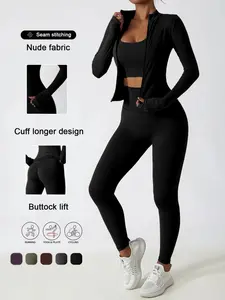 Women's Yoga Zipper Jacket & Long Pants Set, Tracksuit Set, Slim Fit Breathable Fabric, High-Waisted Sporty Style, Ideal for Gym Running Training