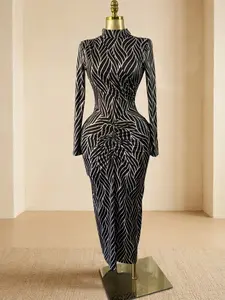 QFAF 2026 Women dress Abstract Wave Print Pleats Fitted Bodycon Dress｜High Neck Long Sleeve｜Ruched Waist Detail｜Flattering Curves｜Luxury Designer Inspired｜Perfect for Party, Night Out & Cocktail Events｜Spring & Fall Essential