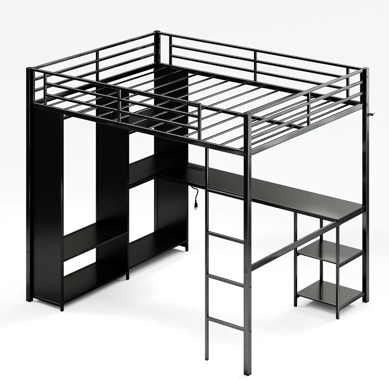 Queen Size Loft Bed with Desk and Storage Shelves, Metal Gaming Loft Bed Queen with Hanging Rod, Wardrobe, Guardrail and Ladder, Space Saving Design