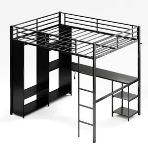 Queen Size Loft Bed with Desk and Storage Shelves, Metal Gaming Loft Bed Queen with Hanging Rod, Wardrobe, Guardrail and Ladder, Space Saving Design