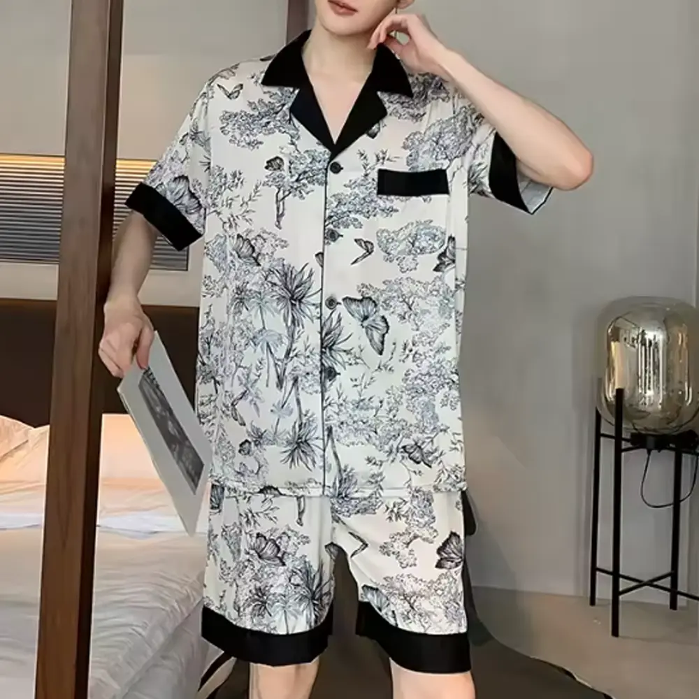High Quality Fashion Design Ink Pajamas Suit Men Ice Silk Thin Summer Short Sleeved Satin Home Clothing Loose Sleepwear Set Male #streetstyle #2026trend #trendingfashion #tiktokshopfinds