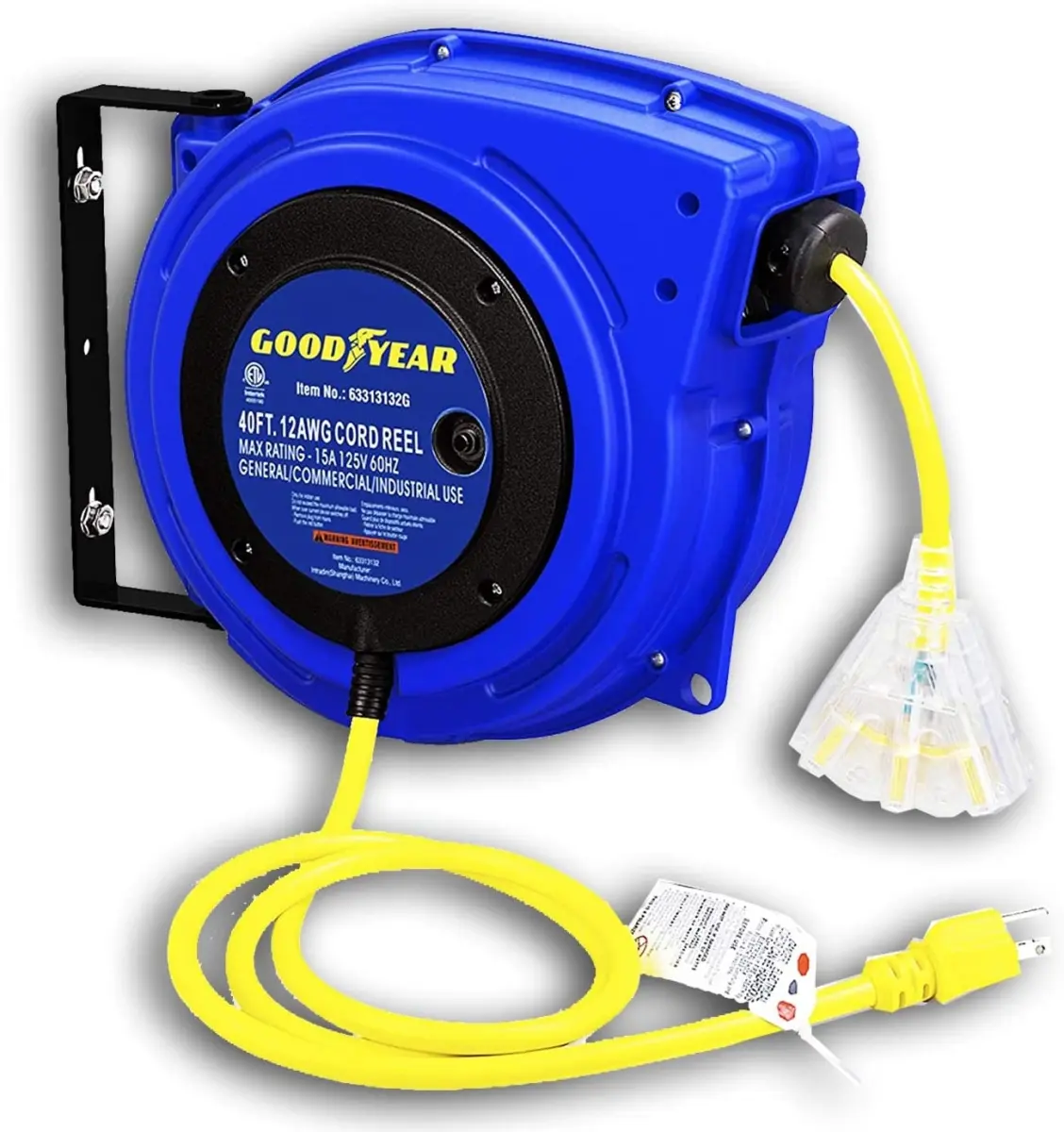 212 MAIN Goodyear TRI-63313132G Retractable Extension Cord Reel, 40 ft Polypropylene, 15A Rated, All Weather Indoor/Outdoor Use, Triple Tap Design, LED Lightup Feature