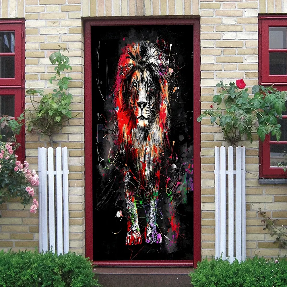 2 Modern Art Lion Wall Sticker Removable Self Adhesive Waterproof PVC Decal Colorful Graffiti Animal Design Home Decor for Living Room Bedroom 50x100cm Decorative Door Sticker