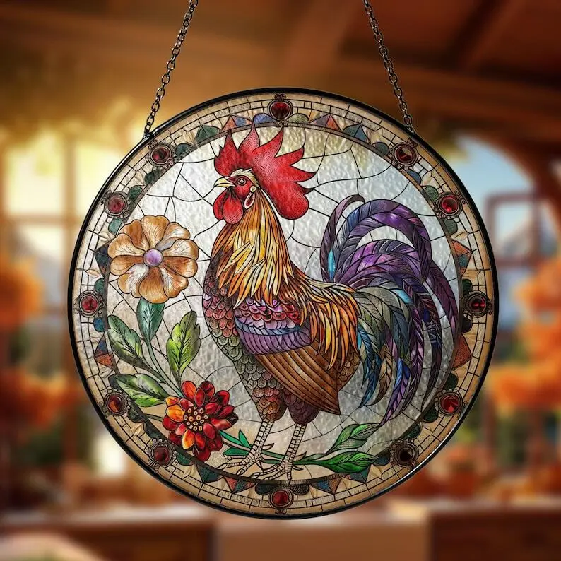 Chicken Stained Glass Suncatcher Window Hanging Decor, New House Decor, Farmer Lover, Gift For Mom, Holiday Ornament WindChimes Sign