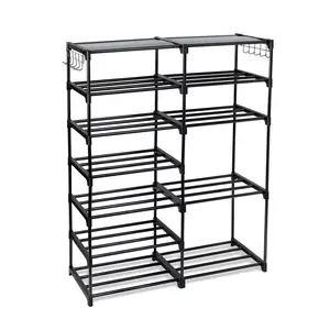 7-Tier Adjustable Shoe Rack with Hooks, Black, Holds up to 21 Pairs of Shoes