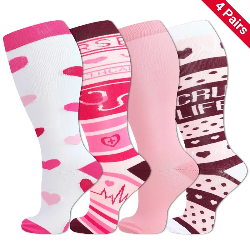 Isunie 4 Pairs Plus Size Compression Socks, for Men & Women, Durable, Breathable & Comfortable for Work, Travel, Walking & Everyday Wear