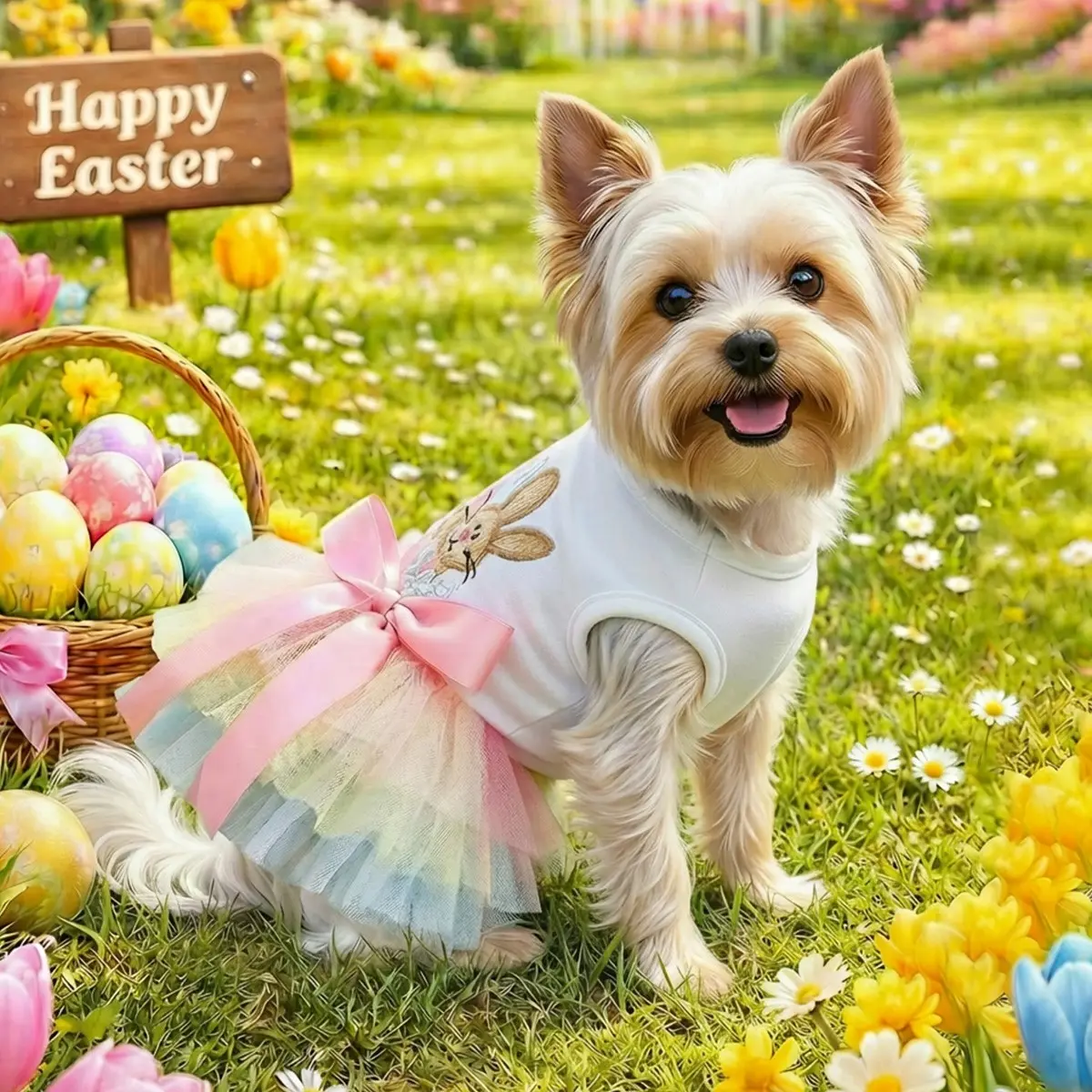Rainbow Bunny Easter Tutu Costume Dress, Cute Puffy Skirt for Dogs and Cats, Teddy Bichon Pomchi Yorkie Small Dog Clothes, Puppy Clothes