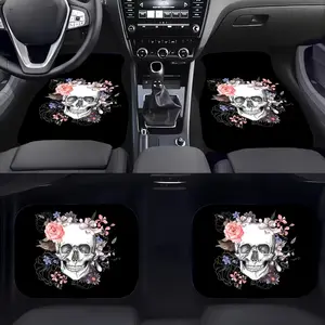 Skull & Floral Design 4pcs Car Floor Mat Set, Car Interior Accessory, Fit and Durable Polyester Interior Accessories, Stylish and Comfortable Car Mats