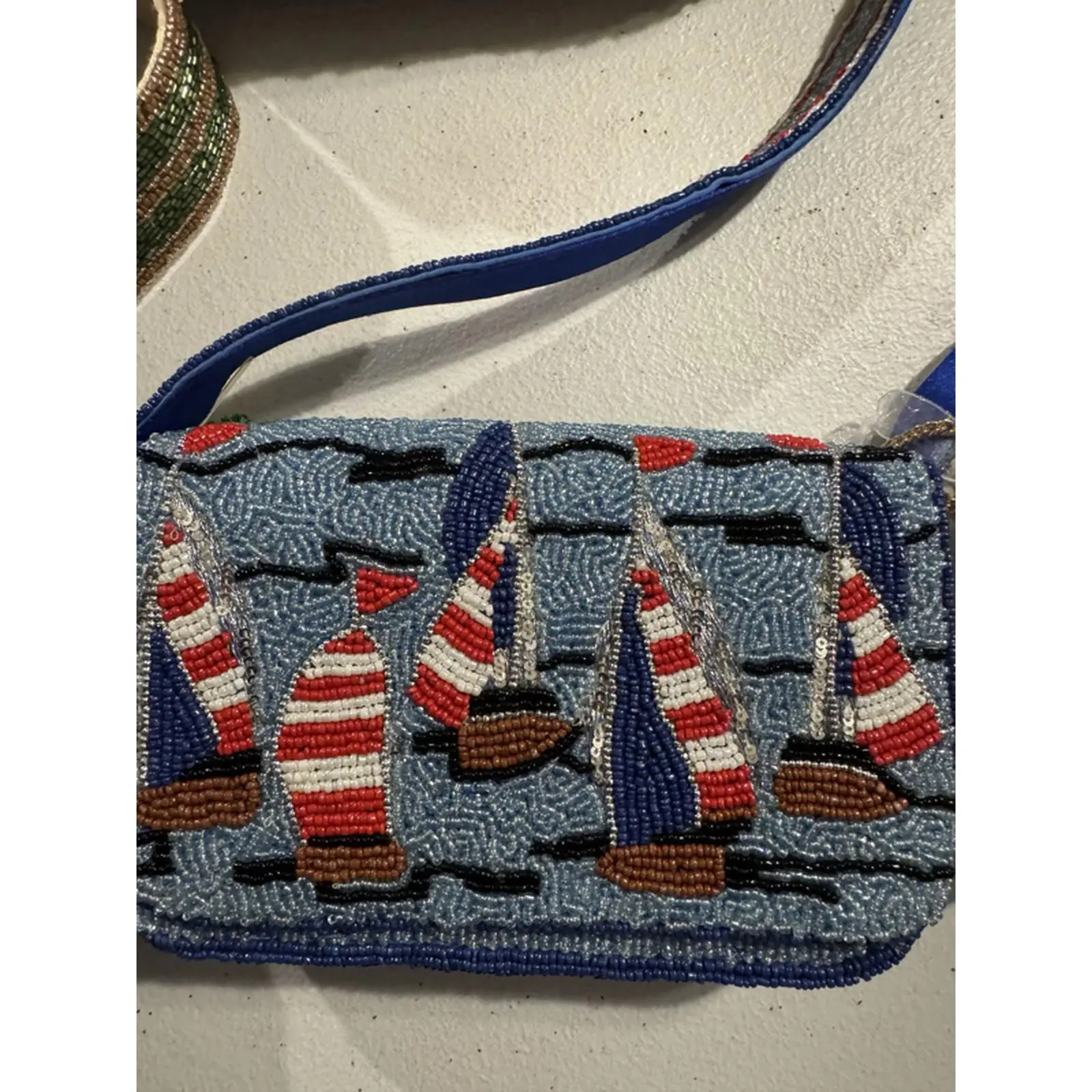 Handcrafted Beaded Sailboat Design Crossbody Bag with Colorful Sailboats and Blue Background
