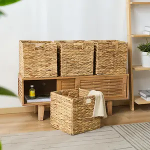 4PC Eco-Friendly Seagrass Rope Foldable Storage Basket Hand-Woven Durable Organizer for Living Room Snacks Bedroom Clothes Versatile Easy Storage Solution Weaving