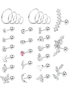 Glamorous 28 Pcs Silvery Delicate Ear Hoops Studs Fashionable Cartilage Surgical Steel Earring Stud Hoop for Women Men Tragus Stud Earring Cartilage Piercing Jewelry Forward Helix Earrings Hoop Rook Daith Conch Piercing Jewelry Crystal Hoop Earrings