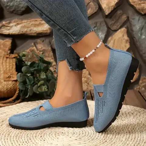 Rain Core Women's Knit Slip-On Walking Flats - Ankle Pull-On Shoes, Round Toe, Plain Design, Ultra-Comfy Soft Sole, Breathable Fabric, Everyday Casual Wear