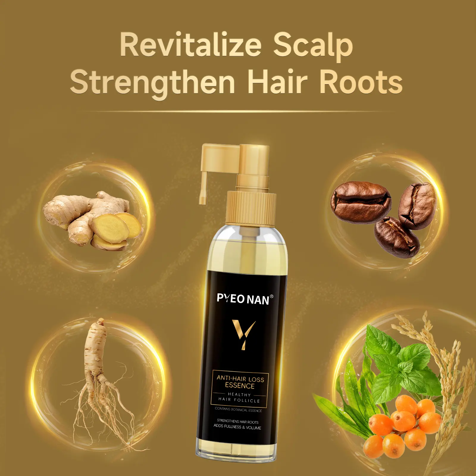 PYEONAN Detangling Anti-Hair Loss & Growth Essence with 10% Caffeine, Ginseng Root, Sea Buckthorn Oil - Scalp Treatment for Adults, Aging Hair, Daily Repair, Any Scalp Type, 4.0 fl.oz/120ml, Daily Use, Anti-Dandruff, Alcohol-Free, Helps Fight Hair Loss