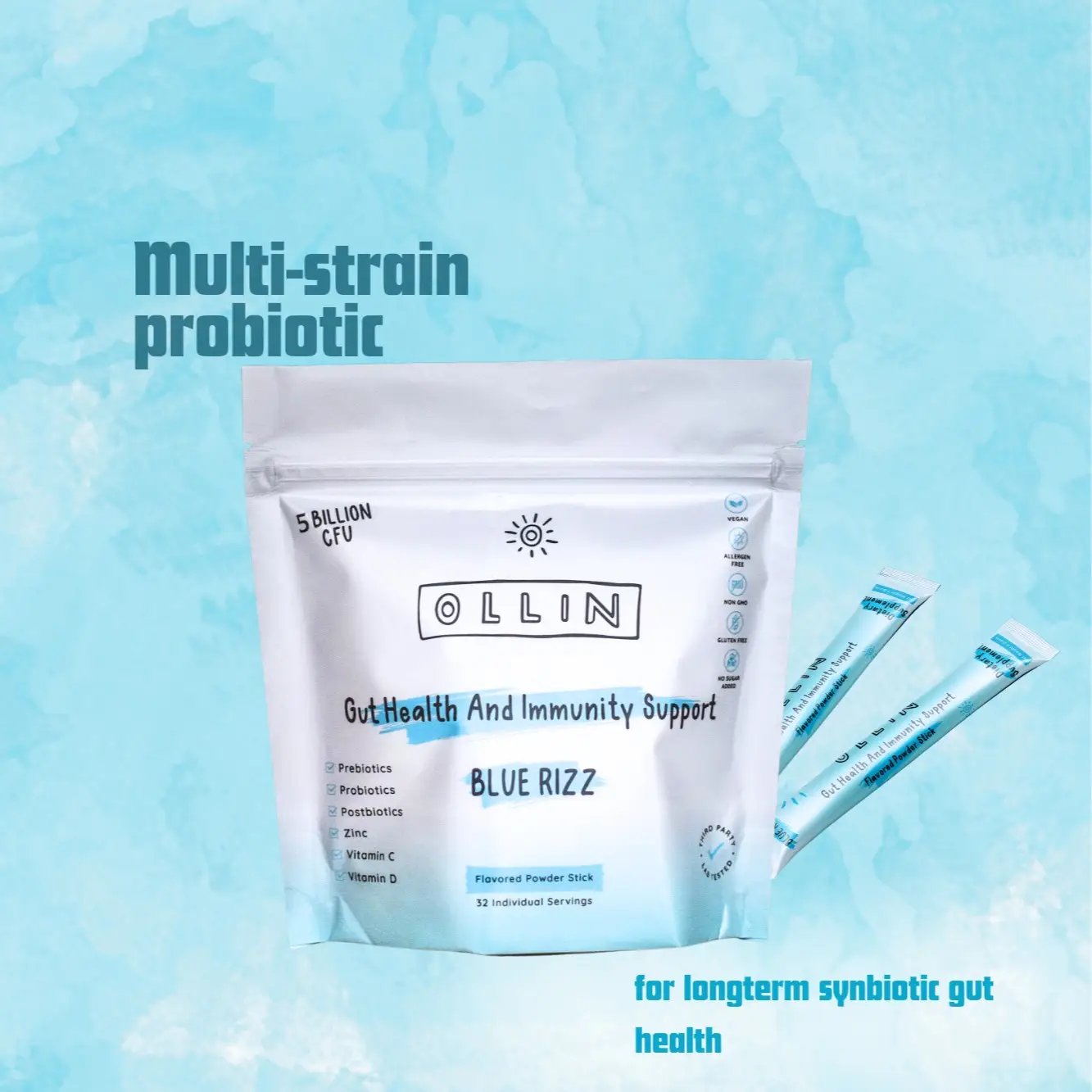 Ollin Gut Health & Immunity Support Blue Rizz - 5 Billion CFU with Prebiotics Probiotics Postbiotics Zinc Vitamin C & D Vegan Allergen Free Non GMO Gl