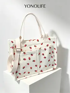 Strawberry Print Corduroy Tote Bag, Large Capacity Multi-Pocket Shoulder Bag, Adjustable Strap, Casual Crossbody Handbag, Fashionable Bag for Women