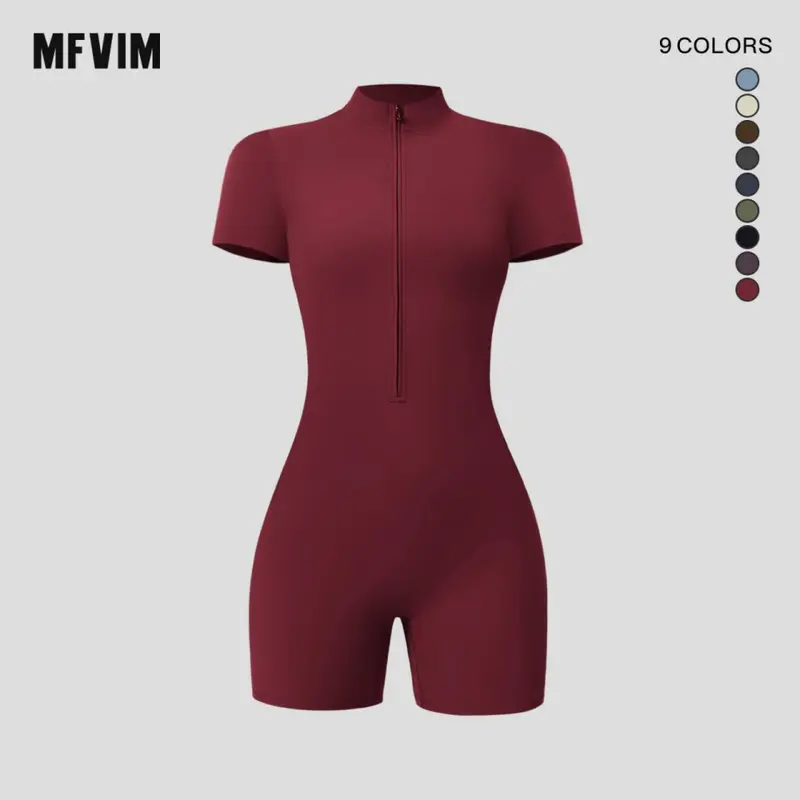 Women’s Quick-Dry Athleisure Spandex-Elastane Stretch Sports Jumpsuit - Solid Color, Zip-Up Half Placket, Mock Neck, Short-Sleeve, Tummy Control Bodycon Romper for Yoga, Gym (2025, Cold Wash) | Jumpsuits for Women