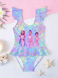 Girls Kpop Series One-Piece Swimsuit, Colorful Leopard Cartoon Idol Print, Sleeveless Ruffle Swimwear, Summer Sweet Beach Bathing Suit