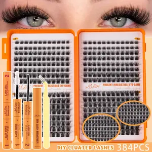 384 Piece D Curl False Eyelashes Set, Beginner Friendly Tutorial, Dense Segmented DIY Lashes, Includes Glue, Tweezers, Reusable, Home DIY, Fluffy Cluster Lashes