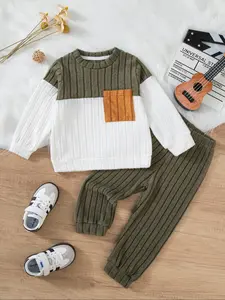 Toddler Boys Knitted 2Pcs Sets Splicing Color Pocket Round Neck Long Sleeve T-shirt+Legged Pants Set Grid Elasticity, Cute, Soft Autumn and Winter Kids Clothing, Cozy, Festival Gifts, Holiday Outing Wear, Baby Boy Clothes