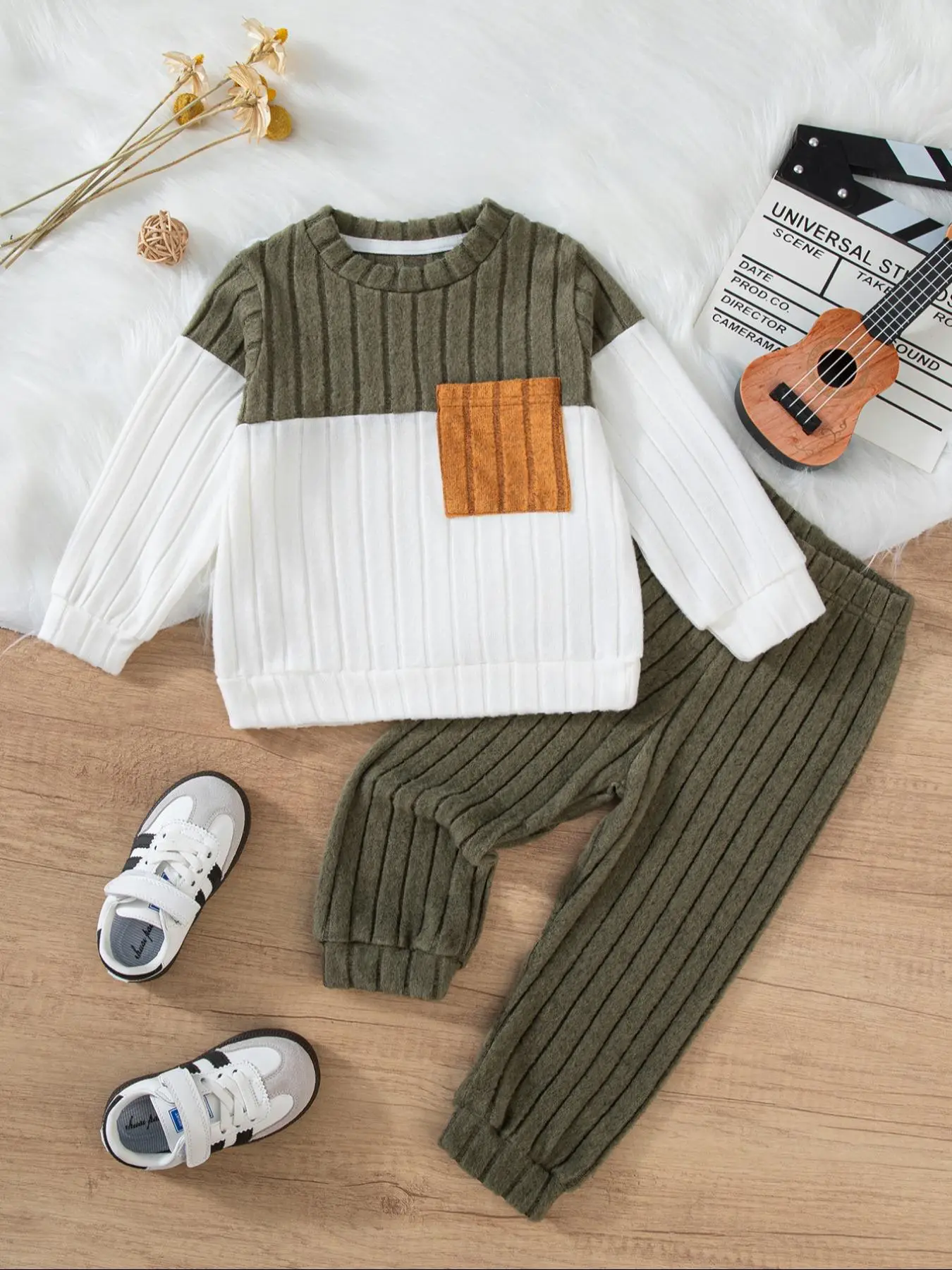 Toddler Boys Knitted 2Pcs Sets Splicing Color Pocket Round Neck Long Sleeve T-shirt+Legged Pants Set Grid Elasticity, Cute, Soft Autumn and Winter Kid