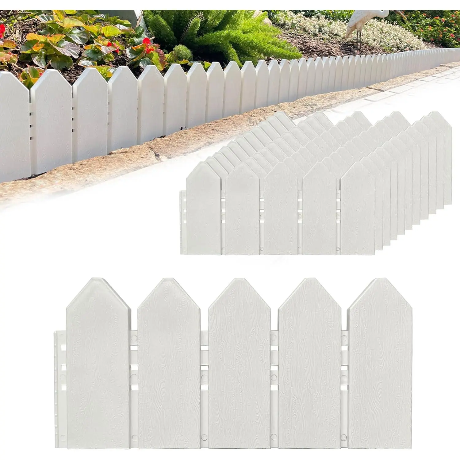 Landscape Edging Kit 6.7 in Tall Decorative Double-Sided -Look Fence Garden Border, Flower Bed Edging with 30 Anchoring Spikes, 13.9 Foot Kit (White)