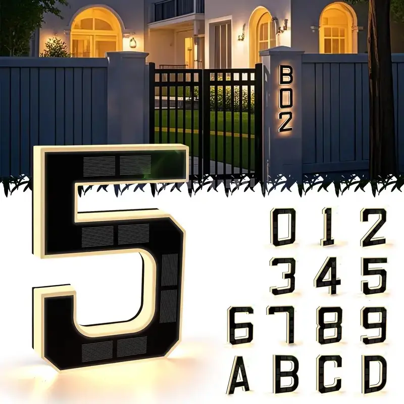 9 Inch Solar LED House Numbers - Waterproof Outdoor Address Signs, Multiple Style Options, Modern Farmhouse Illuminated Exterior Decor