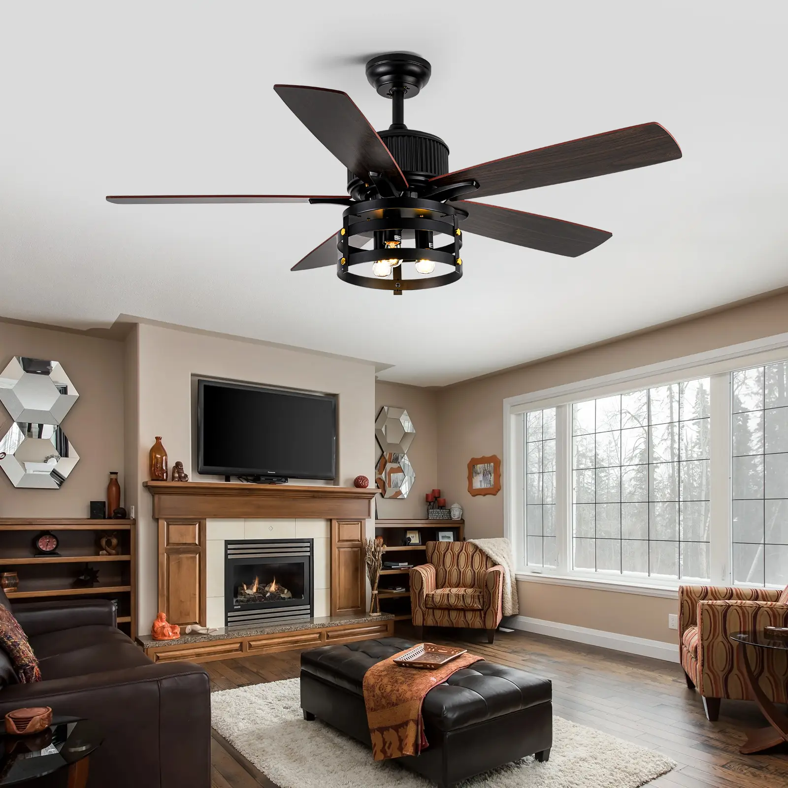 52" Rustic Farmhouse DC Ceiling Fan with Light & Remote, 5 Dual-Finish Blades, Metal Cage, Adjustable LEDs, Reversible Motor for Living Room, Patios (Rustic Farmhouse Decor) Light Dimmable Light Decor