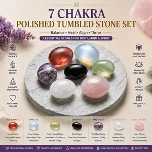 Polished 7 Chakra Tumbled Stone Set | Yellow Citrine, Clear Quartz, Opalite, Obsidian, Red Calcite, Amethyst & Rose Quartz | Smooth Crystal Kit for Meditation, Balance, Home Decor & Pocket Carry