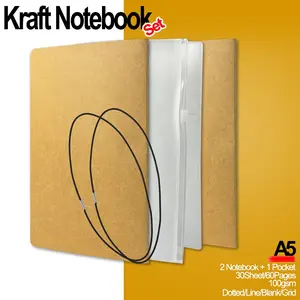 2pcs A5 Kraft Notebook Set with Zipper Bag & Card Holder | 60 Pages Lined Journal Travel Diary Notebook with Elastic Rope | Comprehensive Travel Journal & Planner Accessories Set