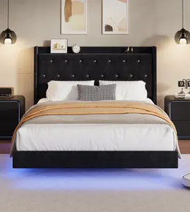 Garvee Floating Bed Frame, Full Bed Frame, Velvet Upholstered Platform Bed with Storage Headboard, RGB LED Light, Wood Slats, Noise Free, Easy Assembly, Black
