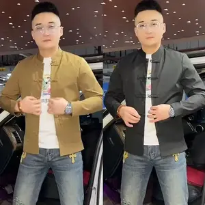 Chinese Tang Costume Coat Men's Summer Trendy Chinese Style Stand Collar Chinese Knot Button Top Casual Simple Zhongshan Jacket Footwear