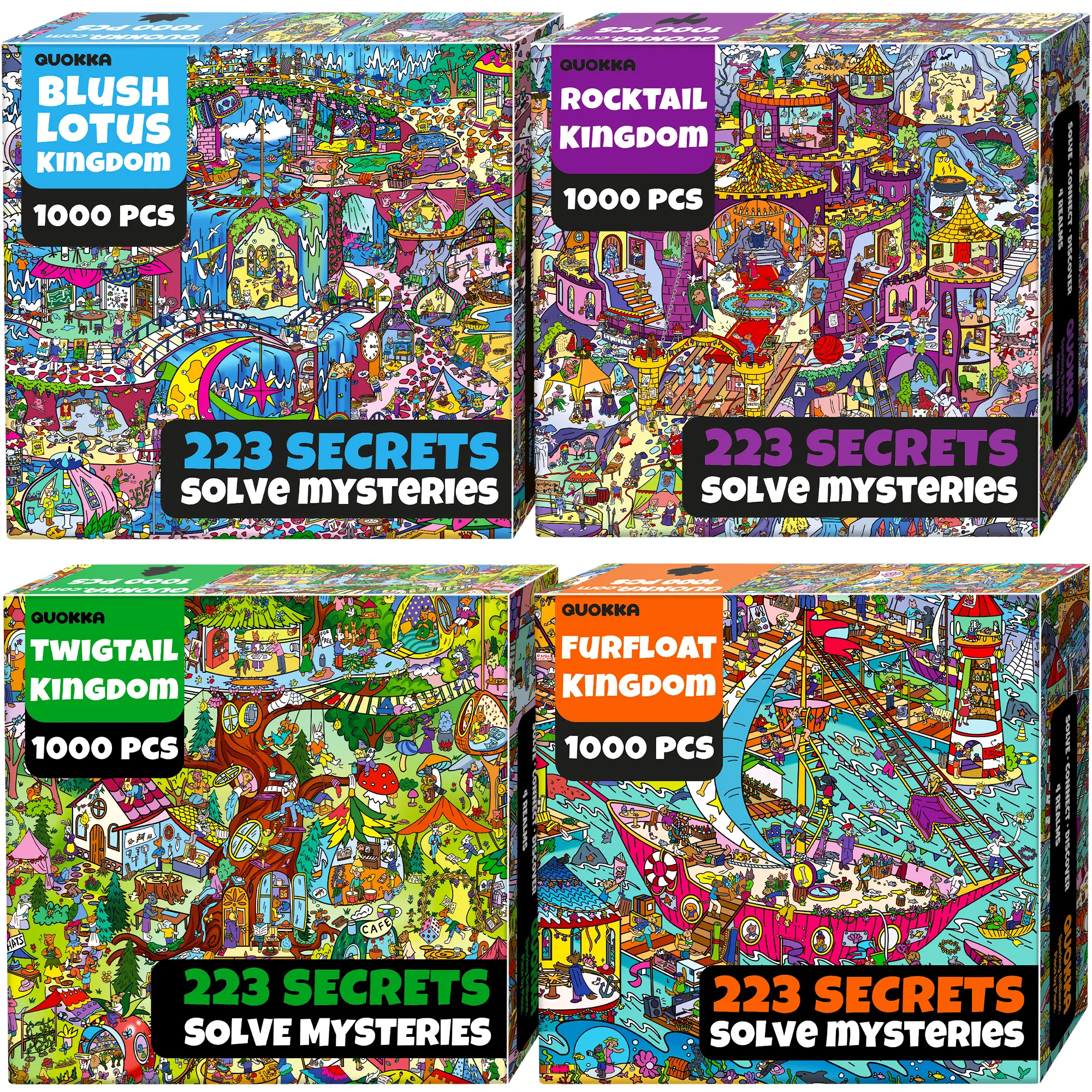 QUOKKA Mysterious Puzzle Game - 4-Pack 1000-Piece Horizontal Cardboard Puzzles for Adults, 892 Hidden Secrets, Audio Storytelling, Build Epic 4-Kingdom Mystery Realm Odd Pieces Puzzle Interactive Treat Puzzle