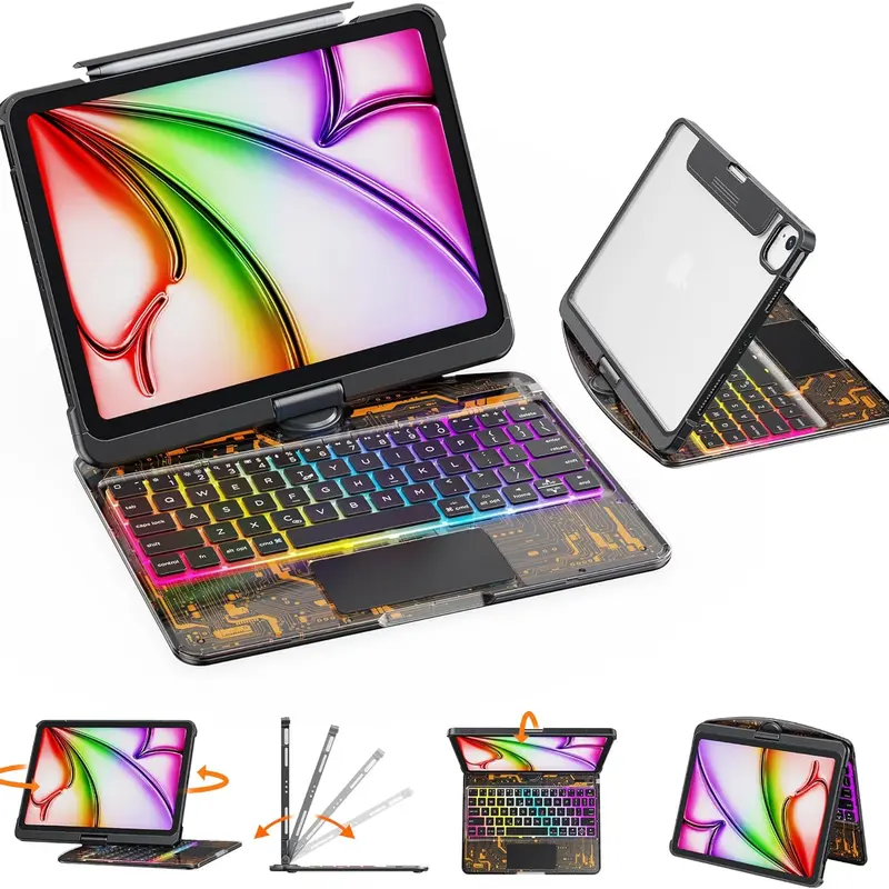 2026 Newest Rechargeable Wireless Portable Keyboard with Durable Magnetic Transparent Case, 360° Rotatable, Adjustable Lightweight for Travel, Compatible with 7-11th Gen A16/2022-2026 Air/2018-2025 Pro/Mini 8.3in-13in Tablets (Tablet Not Included)