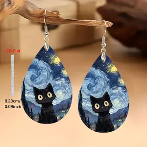 2D Flat, 2D Flat-1pair Starry Cat Acrylic Stainless Steel Earrings, Cute Classic Casual Attire Jewelry Gift for Men and Women, 2D Flat