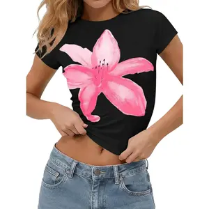 Tankaneo Womens Y2K Graphic Baby Tees Summer Floral Vintage Short Sleeve Tops Slim Fit Cropped Tshirts