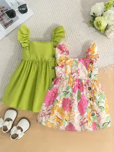 Baby girl's summer sleeveless square neck cute casual dress two-piece set of leisure vacation style princess dress Floral Print Dress, suitable for tropical tourism clothing and baby girl supplies in both color and solid color
