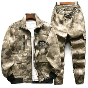 Men's Stylish Long-Sleeve Camouflage Workwear Suit - 2-Piece Jacket & Pants Clothes Set, Casual Sweat Fabric Welding Uniform, Spring-Autumn Breathable Utility Outfit with Matching Pockets, Wear-Resistant Dirt-Resistant Outdoor Menswear