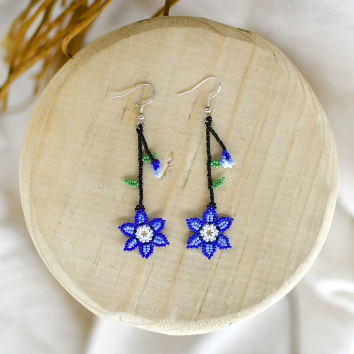 Brunnera - Native Beaded Earrings with Blue Floral Design - Handmade by Mexican Artisans - Mother Sierra
