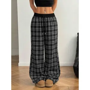 Women's Plaid Patchwork Comfortable Loose-Fit Casual Soft Straight Leg Pants, All-Season Kint Fabric, Perfect for Daily Wear