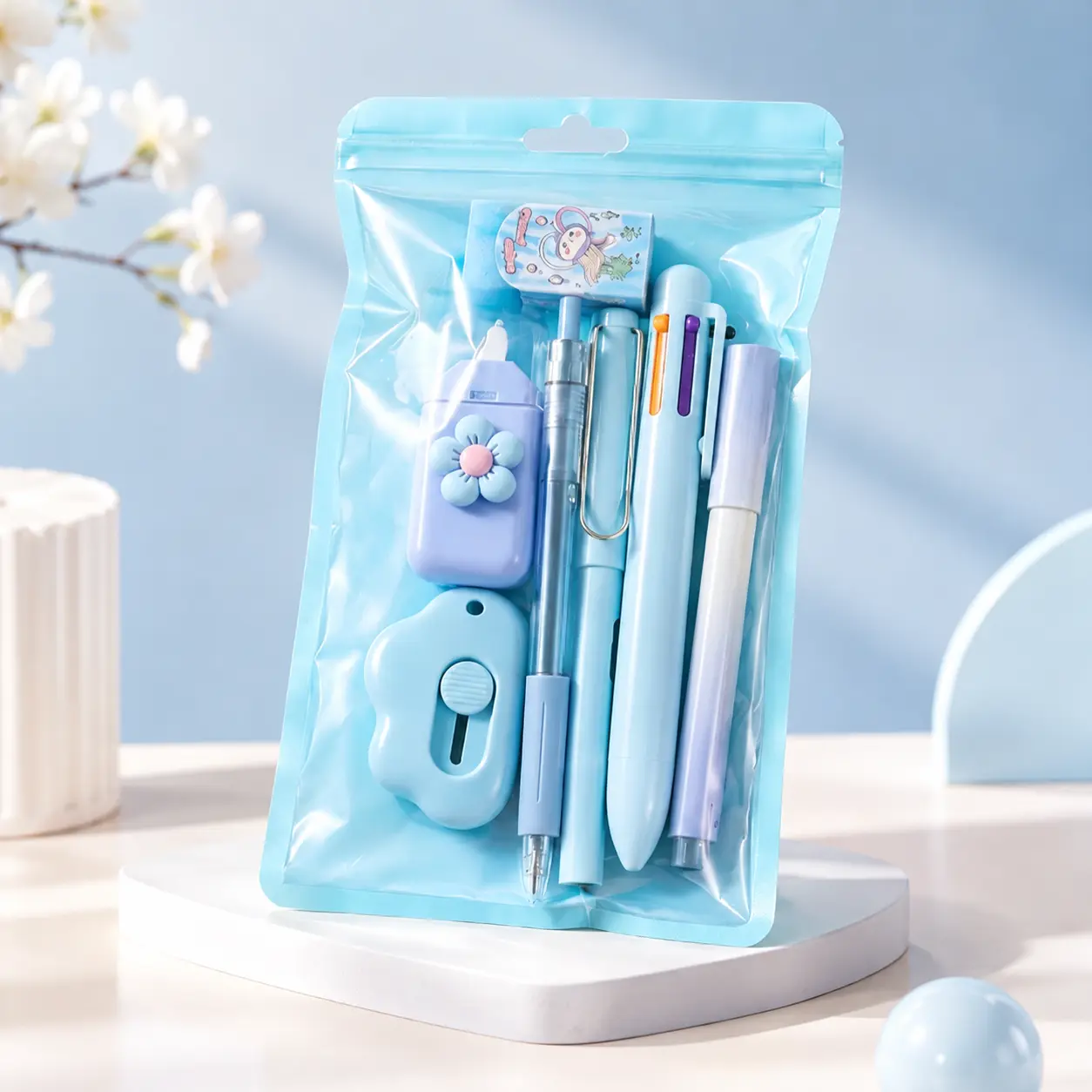 Cute Pastel Blue Aesthetic Stationery Set - Lightweight Kawaii Kit with Multi-Color Marking Pens, Eternal Pencil, Eraser, Sharpener, Portable Pack (Back to School Haul, Birthday Gifts for Teen Girls, Great Gift for Friends)