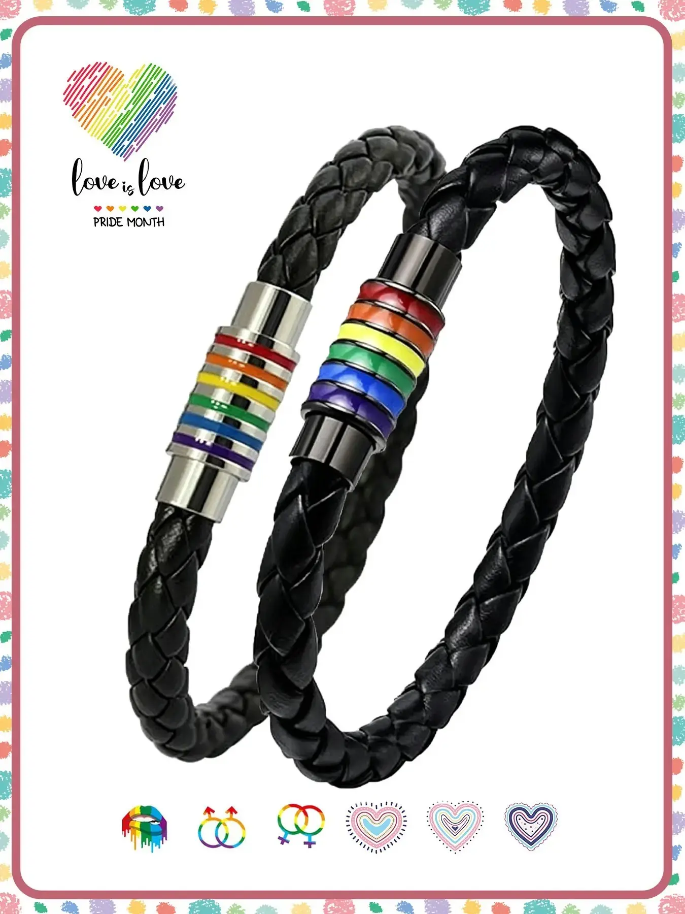 Pride Moon Bracelet, Stainless Steel Rainbow Wristband, Hand-woven PU Leather Jewelry, Fashion Accessory for Women/Men, Unisex Rainbow Bead Set, Bracelet Sets, Beaded Bracelet Sets