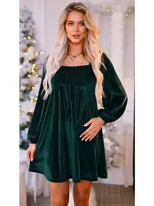 Shiying Tie Back Square Neck Velvet Babydoll Dress with Pockets for Women's Fall Fashion Casual LongSleeve Christmas Holiday Dresses Elegant Outfits Basic Black Minimalist